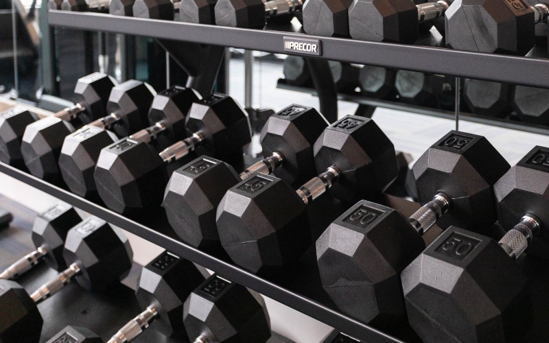 free weights on rack in fitness center